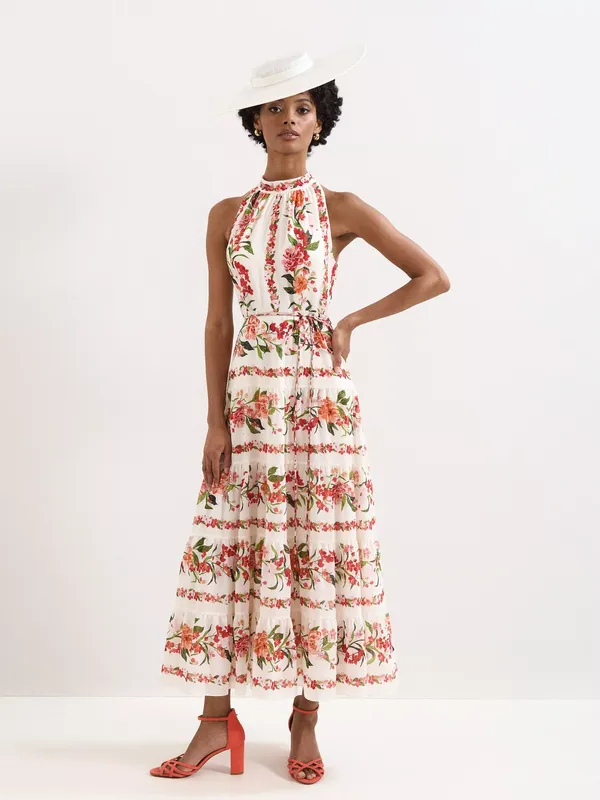 Phase Eight Petite Nita Floral Tiered Maxi Dress, Cream/Red