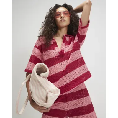 Pink Stripe Crochet Polo Top