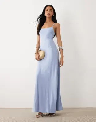 slinky lace up back maxi slip dress in pastel blue
