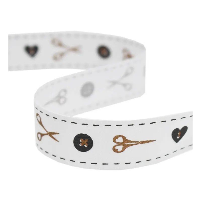 Gold and Grey Buttons and Scissors Satin Ribbon 16mm x 4m