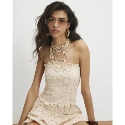 Beige Cotton Broderie Bandeau Top