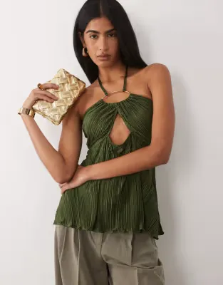 plisse ring halter bandeau in khaki
