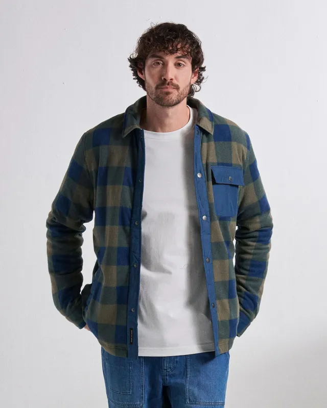 Passenger Clothing Firelight Sherpa Lined Overshirt - Dusty Olive/Dark Denim Check