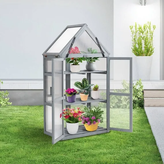 BIRCHTREE 3 Tier Wooden Frame Greenhouse Flower Vegetable Planting G01 Grey - Grey