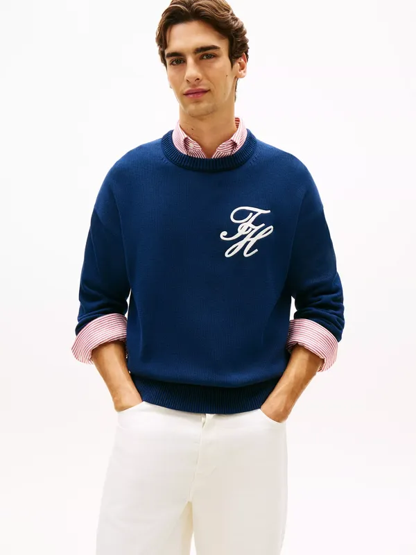 Tommy Hilfiger Chunky Cotton Crew Neck Jumper, Carbon Navy