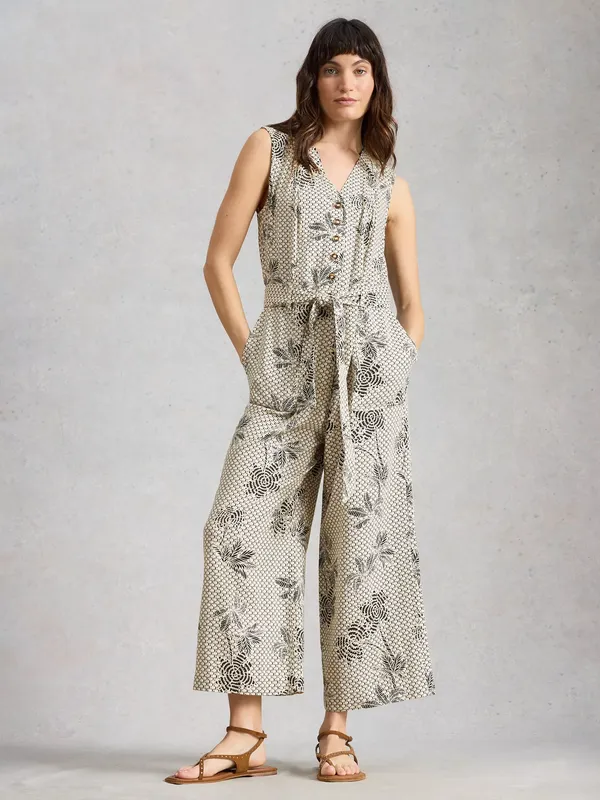White Stuff Betty Linen Blend Jumpsuit containing LENZING™ ECOVERO™ Viscose, Ivory/Multi