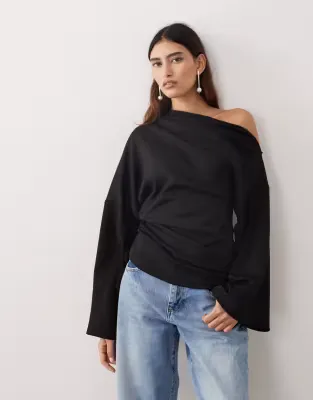 jersey off shoulder long sleeve top with ruched hem in black