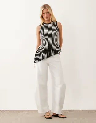 knitted pleated asymmetric top in mono stripe