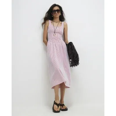 Red Cotton Blend Textured Stripe Midi Dress