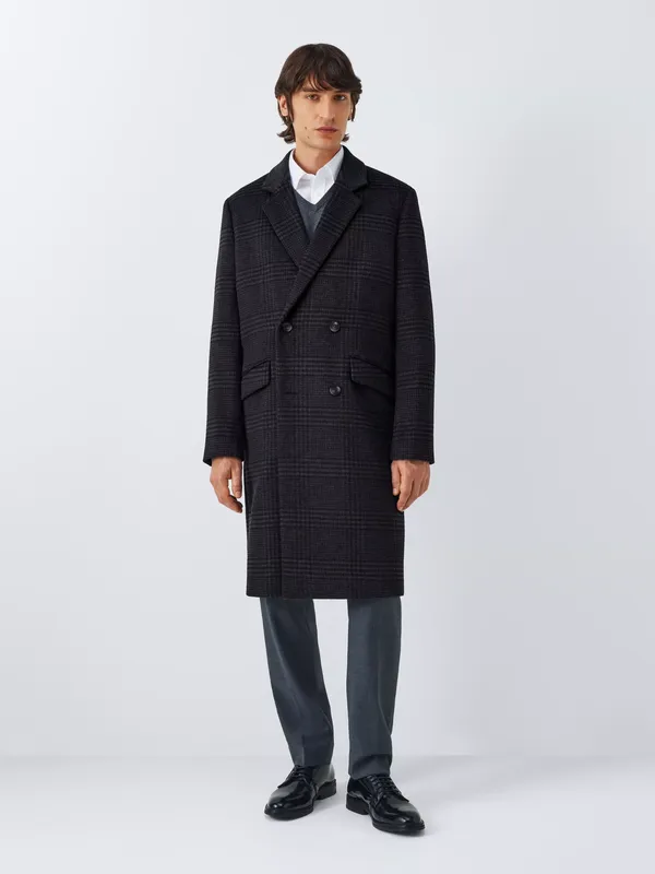 John Lewis Double Breasted Check Wool Blend Overcoat