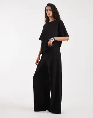 textured wide leg trouser co-ord in black