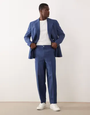 linen blend oversized tapered suit trouser in blue stripe
