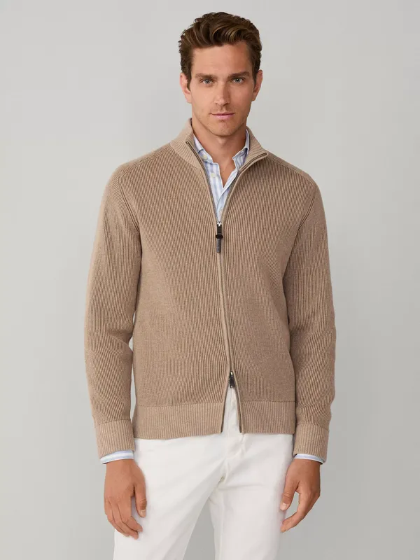 Hackett London Merino Wool with Cotton Zip-Through Cardigan, Malt Beige