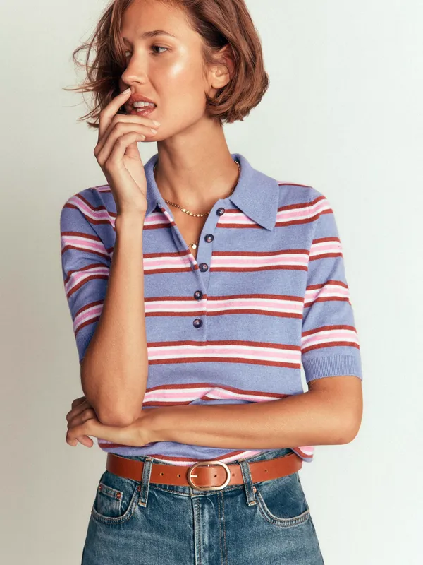 Boden Cotton Blend Short Sleeve Collared Polo Top, Blue Aura/Multi