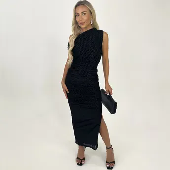 AX Paris Black Velvet Pattern Off The Shoulder Draped Top Midi Dress