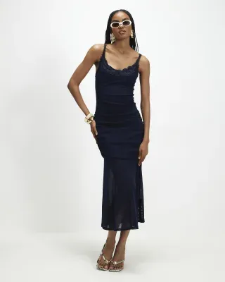 Navy Lace Trim Drape Midi Dress