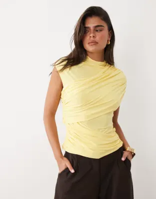 slinky ruched drape detail top in lemon
