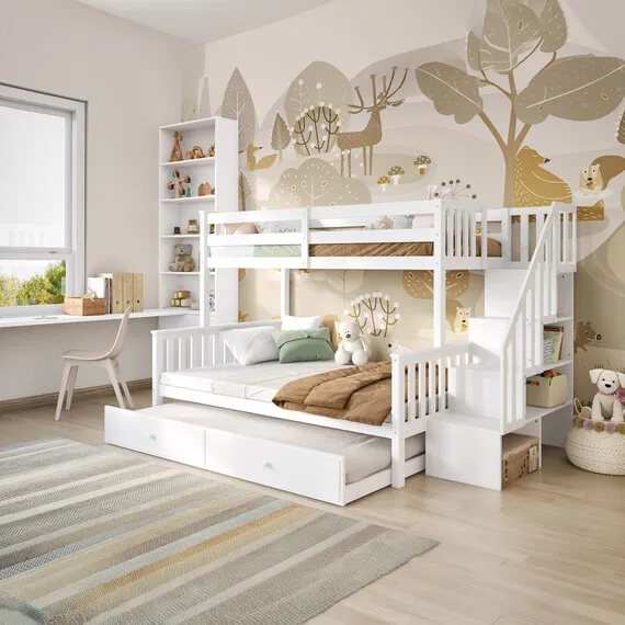 Tag Triple Staircase Bunk Bed with Trundle - White