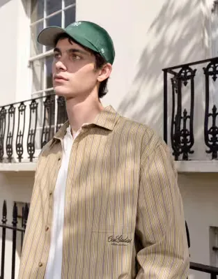 oversized stripe shirt with chest and back print in brown