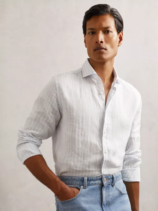 Reiss Ruban Linen Cutaway Collar Regular Fit Shirt, Pale Blue/White