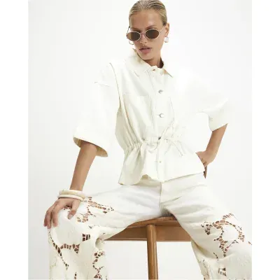 Cream Tie Front Denim Top