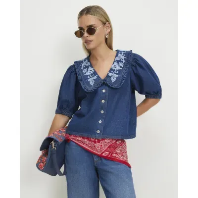 Petite Blue Embroidered Denim Shirt