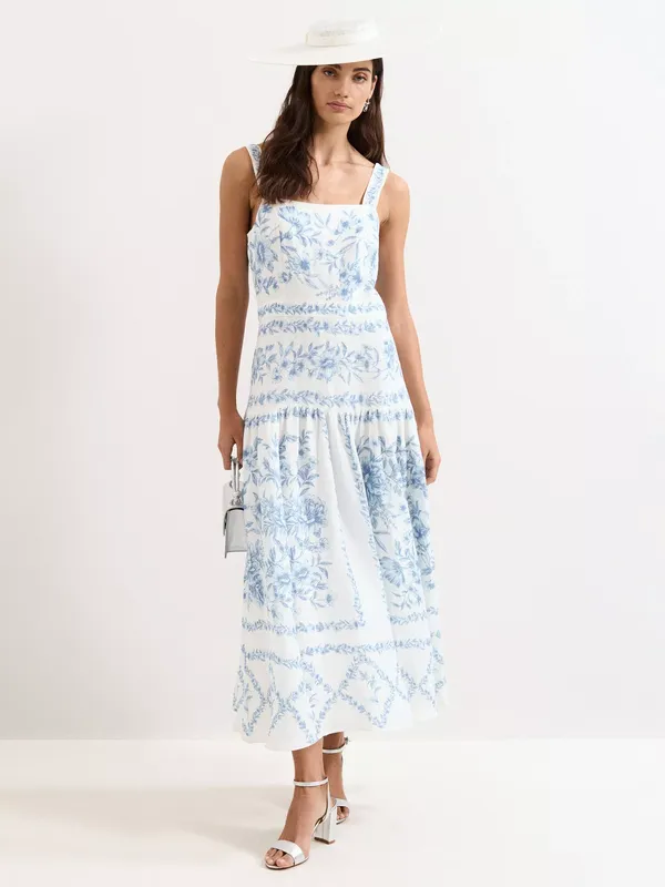 Phase Eight Petite Torin Linen Blend Floral Midaxi Dress, Pale Blue