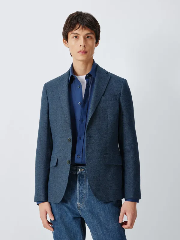 John Lewis Single Breasted Regular Fit Textured Cotton Blend Blazer with Linen, Navy