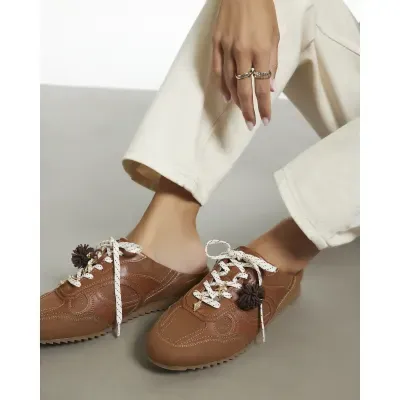 Brown Pom Pom Charm Mule Trainers
