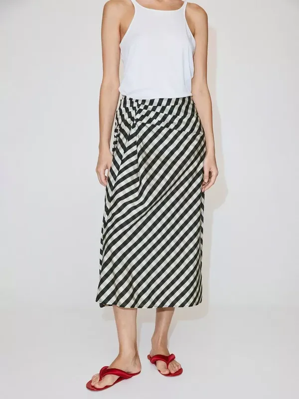 Mango Gingham Draped A-Line Midi Skirt, Navy