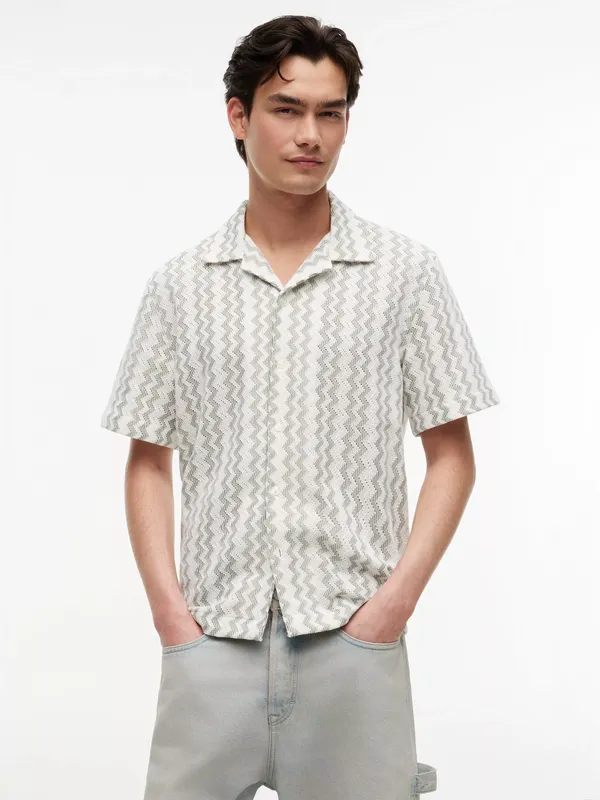 Tommy Hilfiger Button Through Short Sleeve Cotton Blend Shirt, Blue/Multi