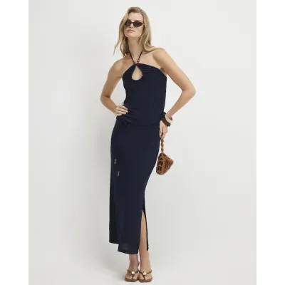 Navy Beaded Tie Midi Skirt