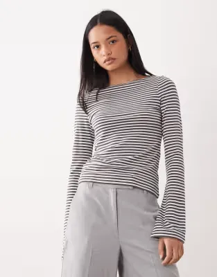Annie super soft boat neck long sleeve top in off-white & mole stripe