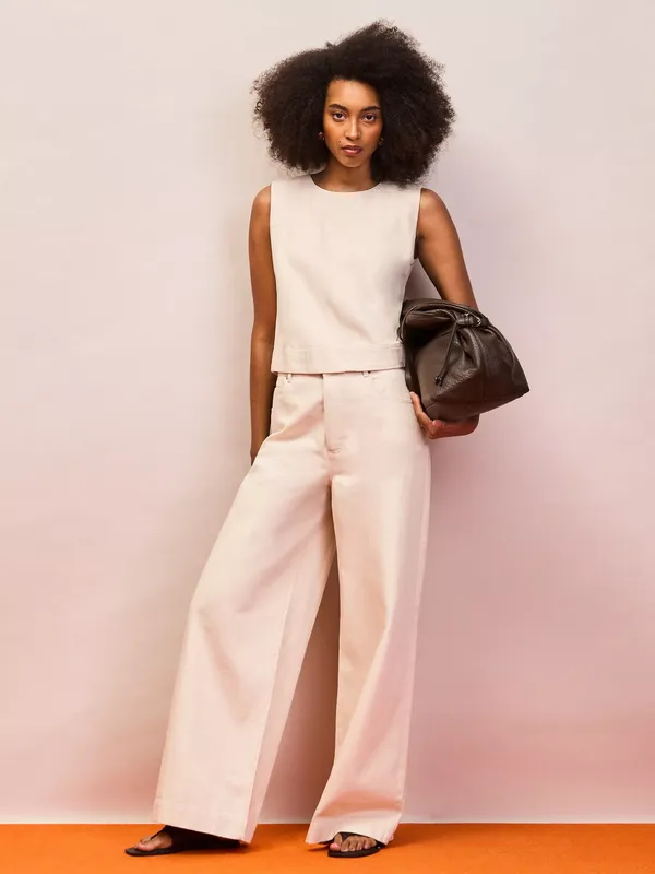 Ro&Zo Petite Cotton Twill Wide Leg Jeans, Natural