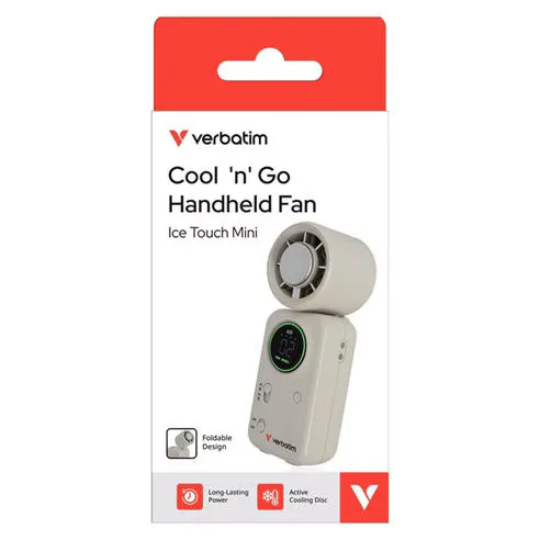 Verbatim Cool n Go Ice Touch Mini Handheld Fan Compact Cooling with Ice Touch Technology - White/Silver