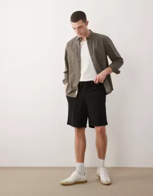 drawstring linen mix blend shorts in black