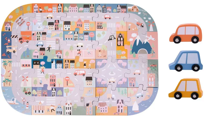 Chad Valley City Road Jigsaw Puzzle with 3 Cars