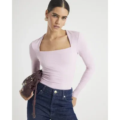 Pink Long Sleeve Square Neck Bodysuit