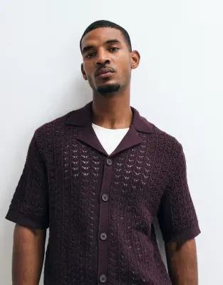 relaxed knitted textured button through in plum