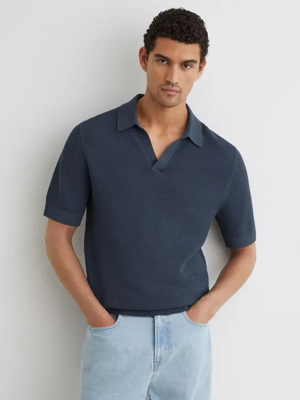 Reiss Leon Cotton Blend Basket Stitch Open Collar Short Sleeve Polo Shirt, Steel Blue
