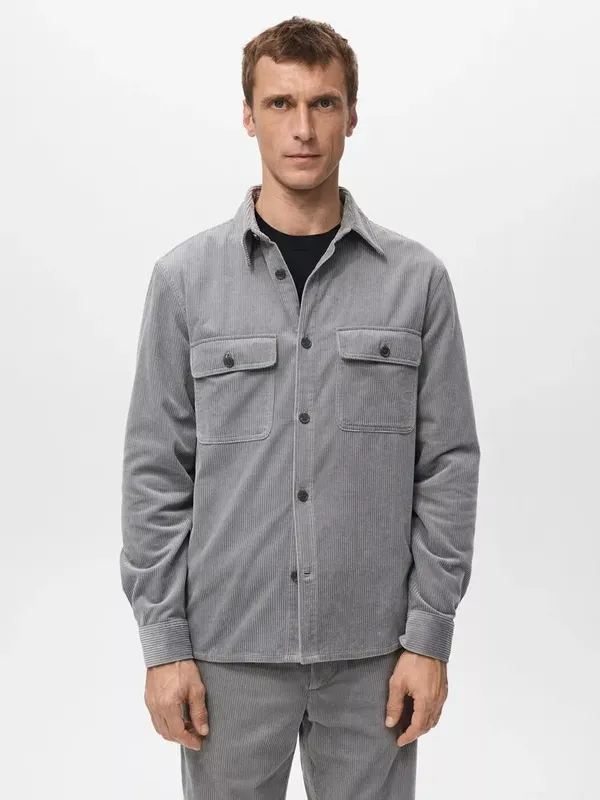 Mango Textured Cotton Overshirt, Light Grey Melange