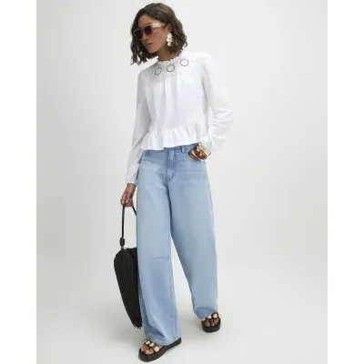 White Cotton blend Floral Broderie Top