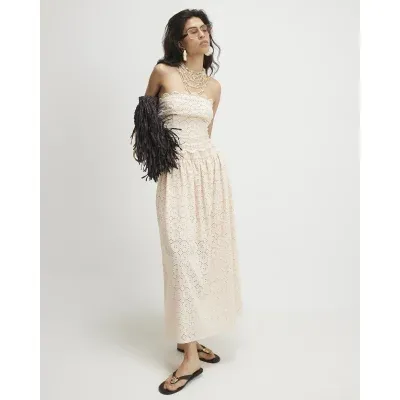 Beige Cotton Broderie Full Maxi Skirt