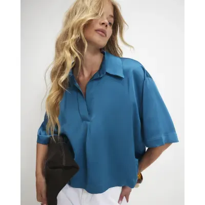 Blue Satin Polo Top