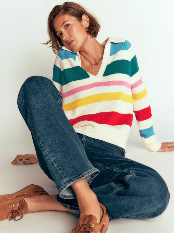 Boden Lucy Cotton Stripe Collar Jumper, Multi