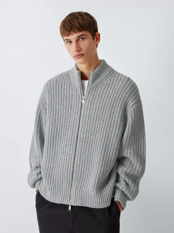 Kin Wool Blend Chunky Knit Zip Front Cardigan, Grey