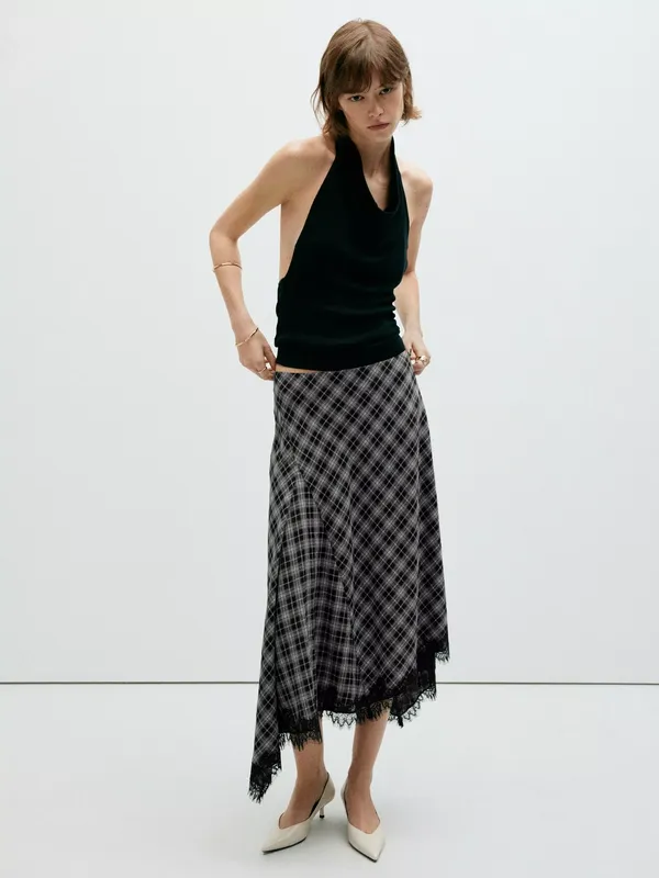 Mango High Waist Asymmetric Check Midi Skirt, Black