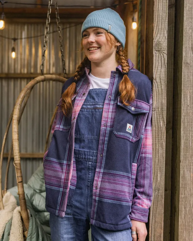 Passenger Clothing East Polar Fleece Shirt - Rich Navy/Pink Haze Check