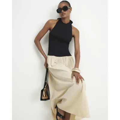 Beige Racer Neck Hybrid Midi Dress