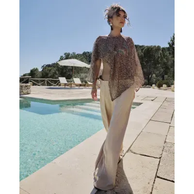 Beige Satin Elasticated Wide Leg Trousers